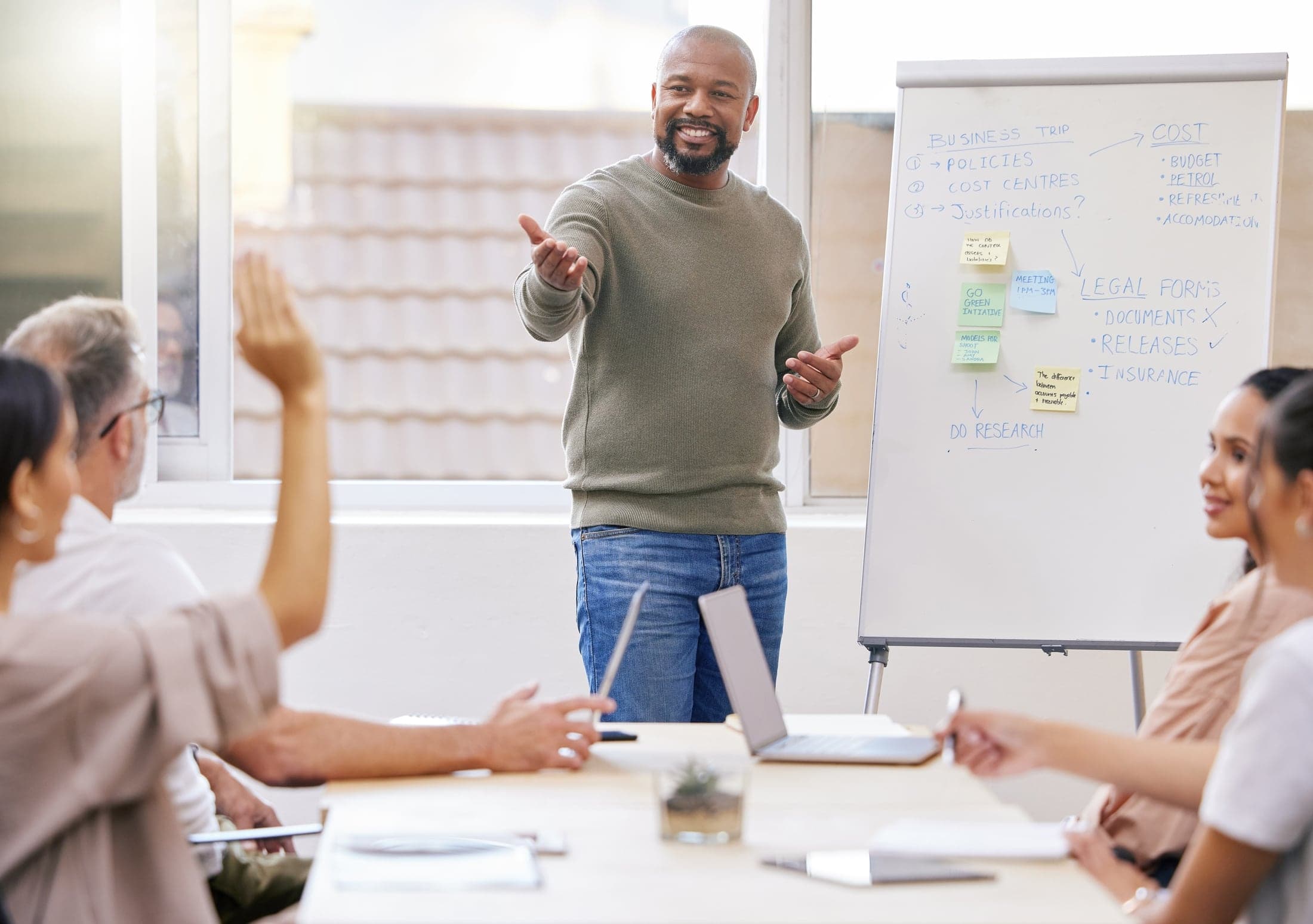 A facilitator presenting at a flipchart to a team seated around a table.